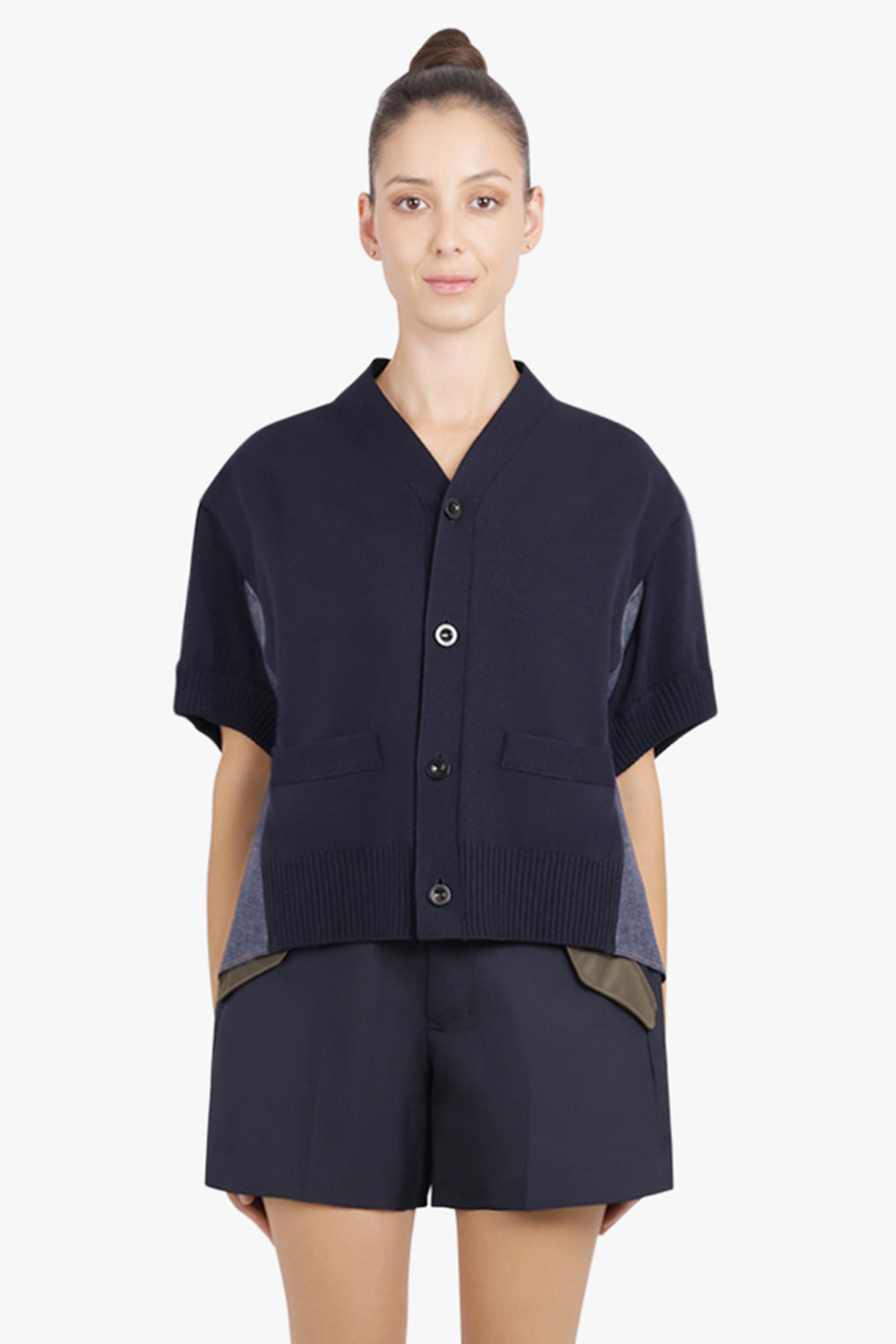 SACAI RTW S/S Denim X Knit Cardigan | Navy/Blue