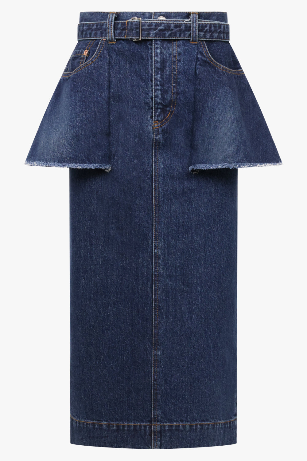 Sacai Denim Midi Skirt With Peplum Detail in Blue