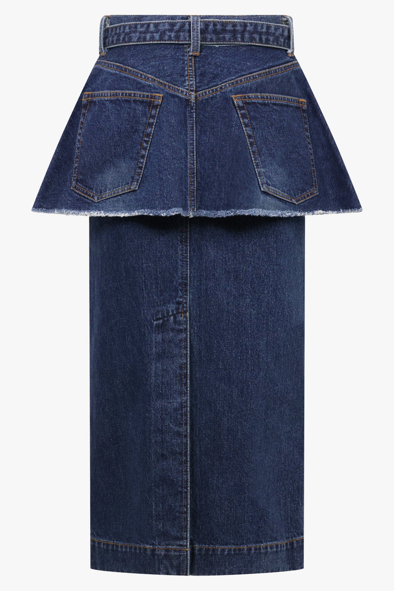 Sacai Denim Midi Skirt With Peplum Detail in Blue