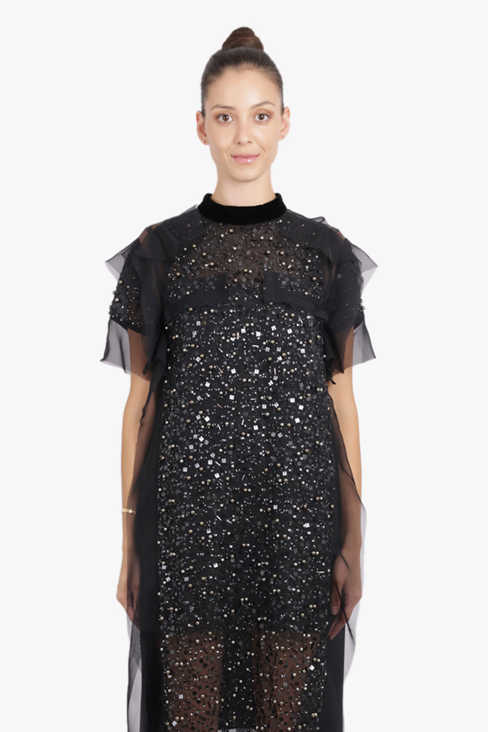 SACAI RTW Sequin Embroidery Sheer S/S Midi Dress | Black