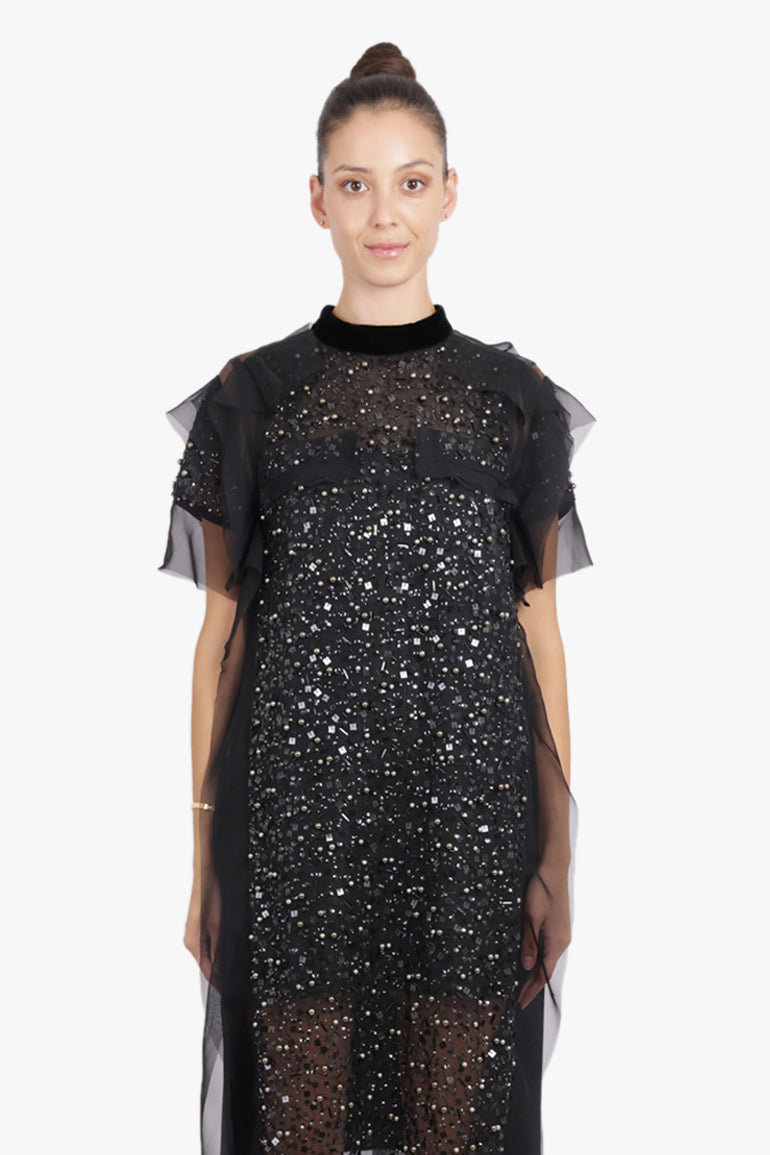 SACAI RTW Sequin Embroidery Sheer S/S Midi Dress | Black