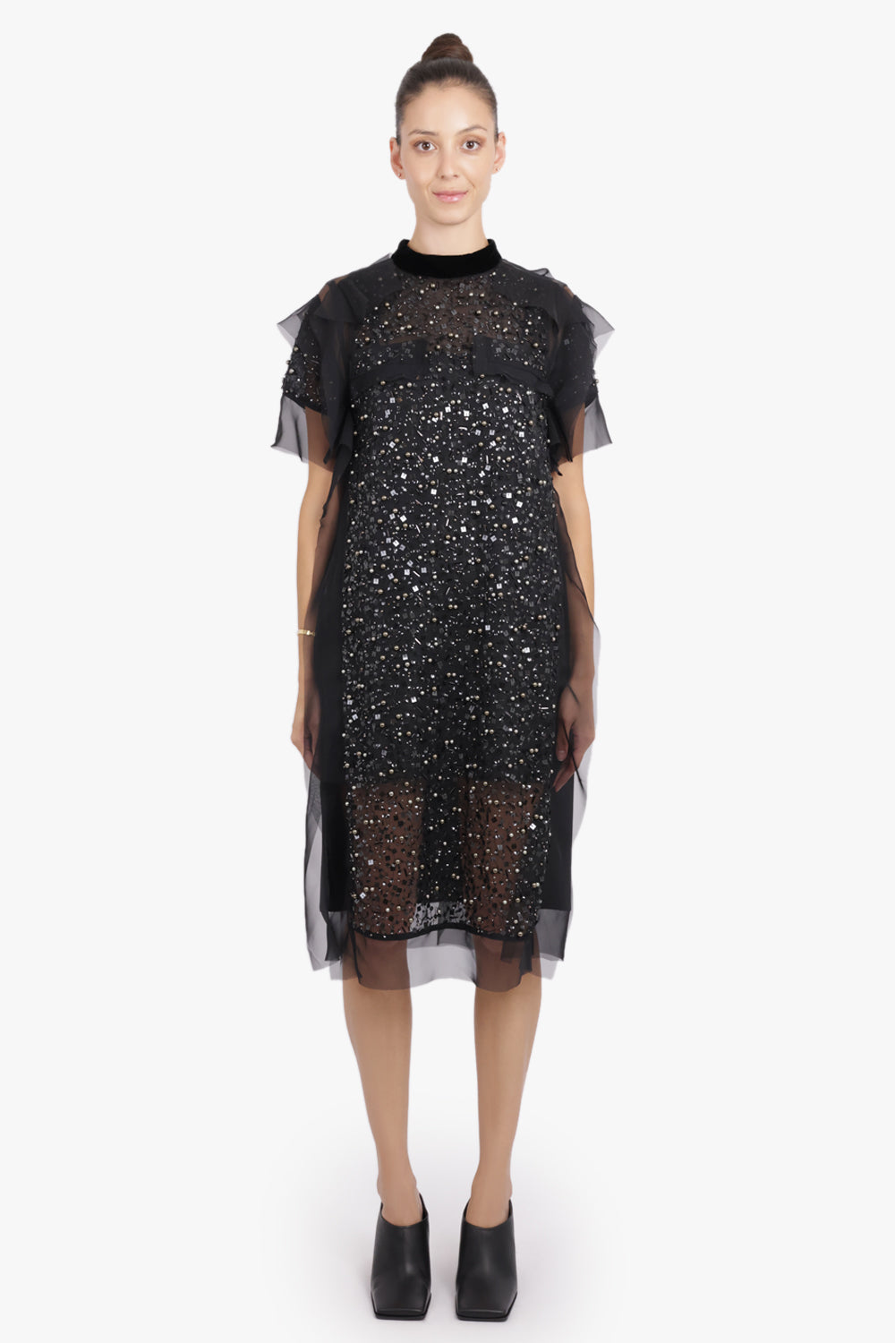 SACAI RTW Sequin Embroidery Sheer S/S Midi Dress | Black
