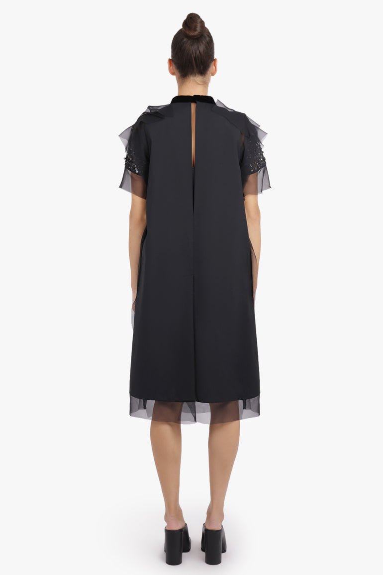 SACAI RTW Sequin Embroidery Sheer S/S Midi Dress | Black
