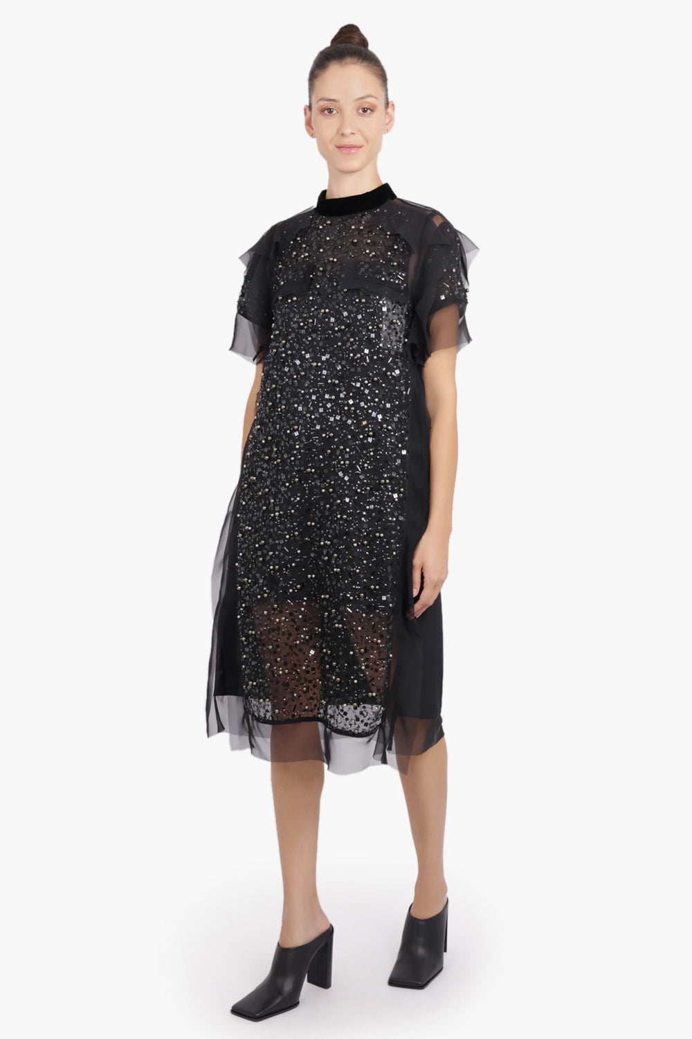 SACAI RTW Sequin Embroidery Sheer S/S Midi Dress | Black