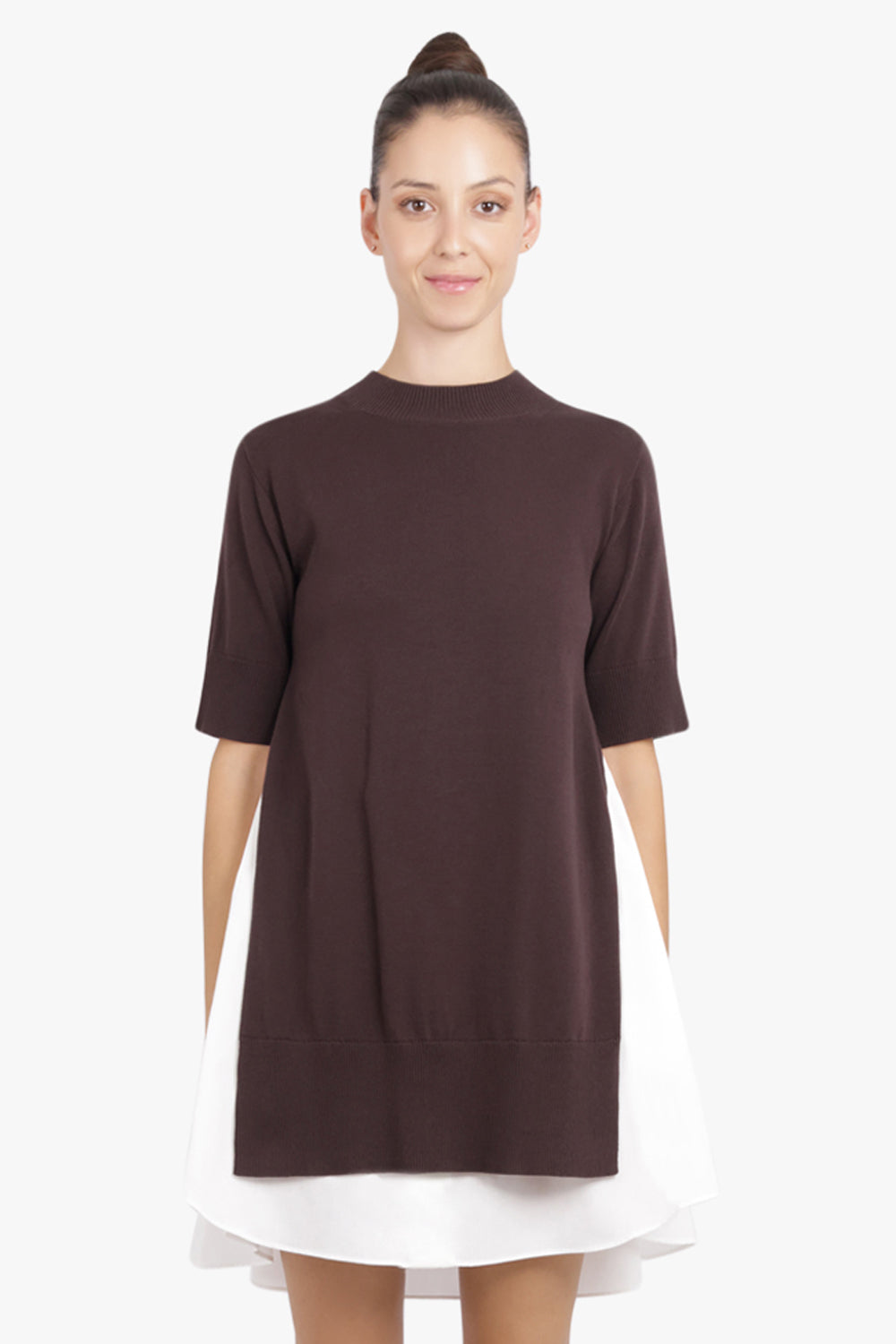 SACAI RTW Knit S/S Pullover Mini Dress With Shirt Panelling | Brown/Off White