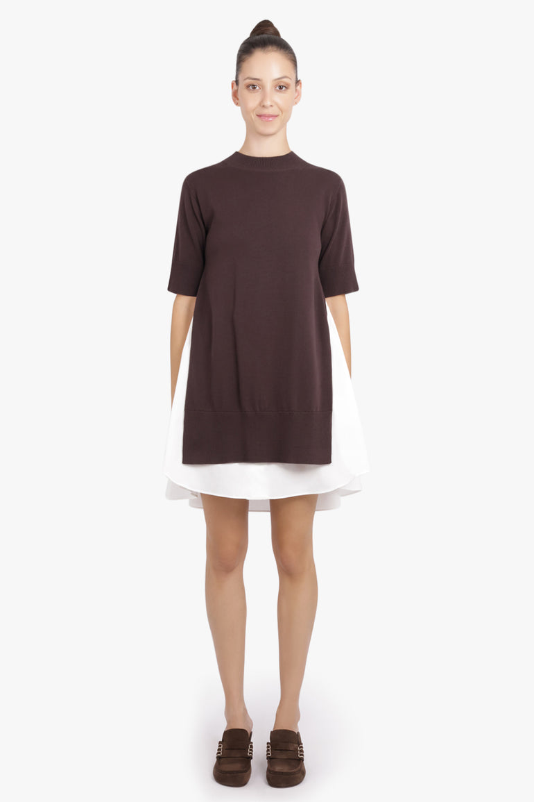 SACAI RTW Knit S/S Pullover Mini Dress With Shirt Panelling | Brown/Off White