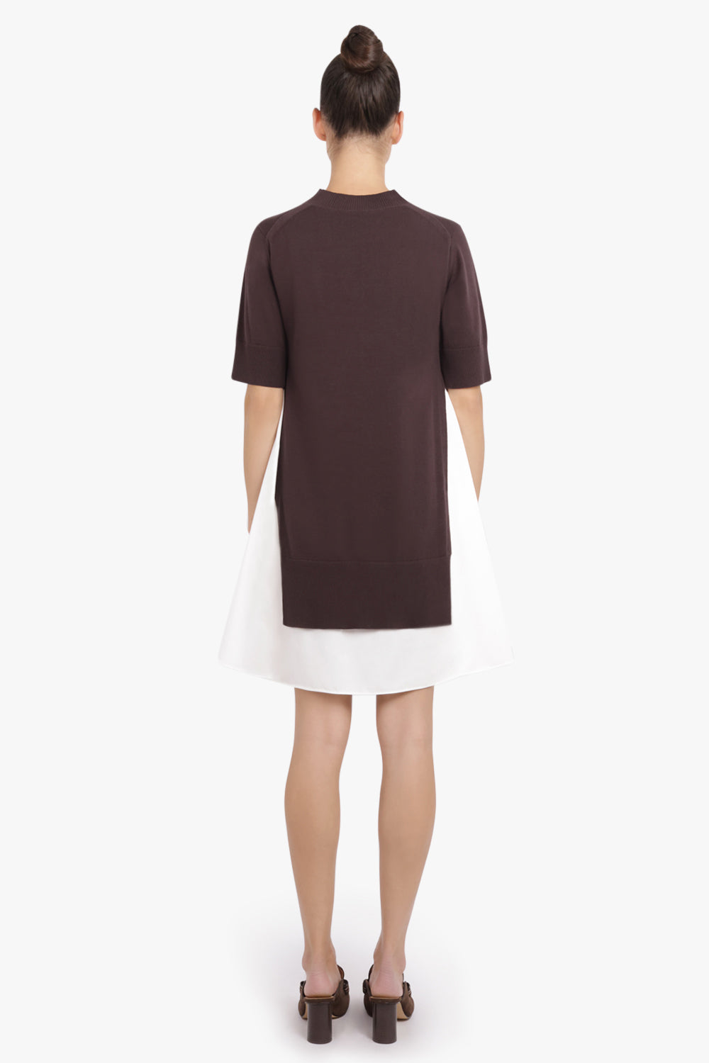 SACAI RTW Knit S/S Pullover Mini Dress With Shirt Panelling | Brown/Off White