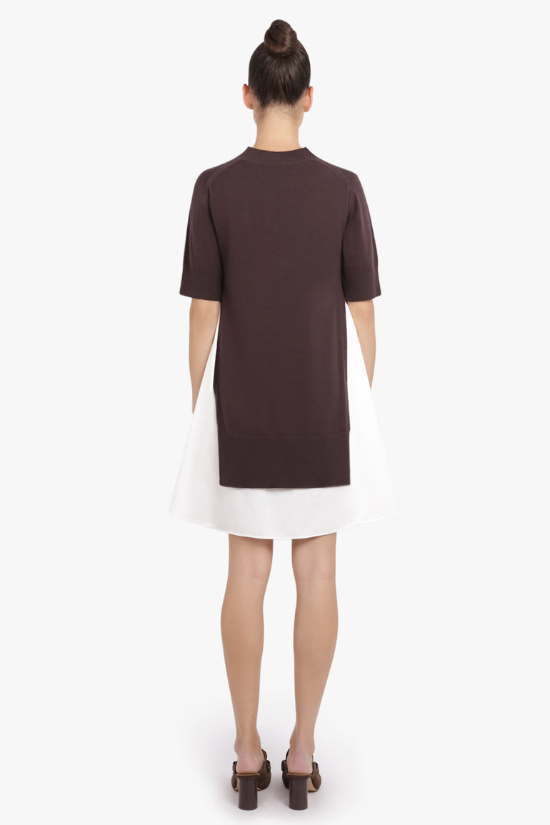 SACAI RTW Knit S/S Pullover Mini Dress With Shirt Panelling | Brown/Off White
