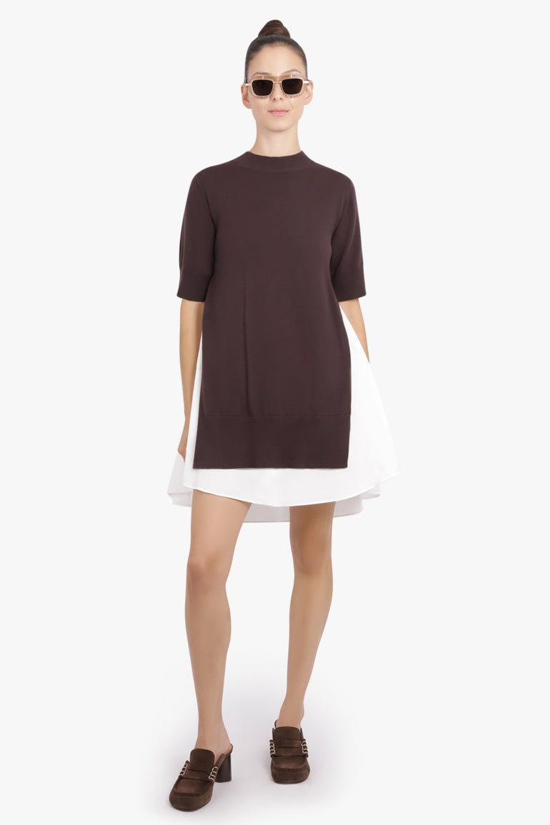 SACAI RTW Knit S/S Pullover Mini Dress With Shirt Panelling | Brown/Off White
