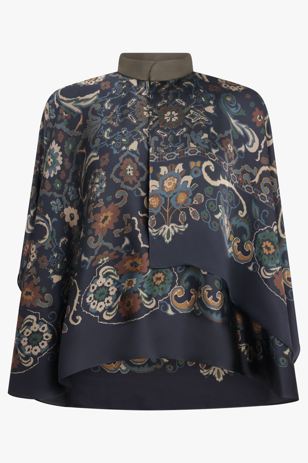 SACAI RTW Scarf S/S Floral Print High Neck Drape Blouse | Navy/Multi