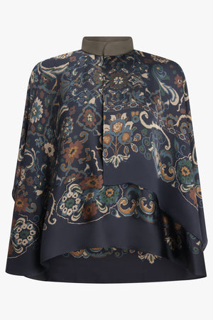 SACAI RTW Scarf S/S Floral Print High Neck Drape Blouse | Navy/Multi