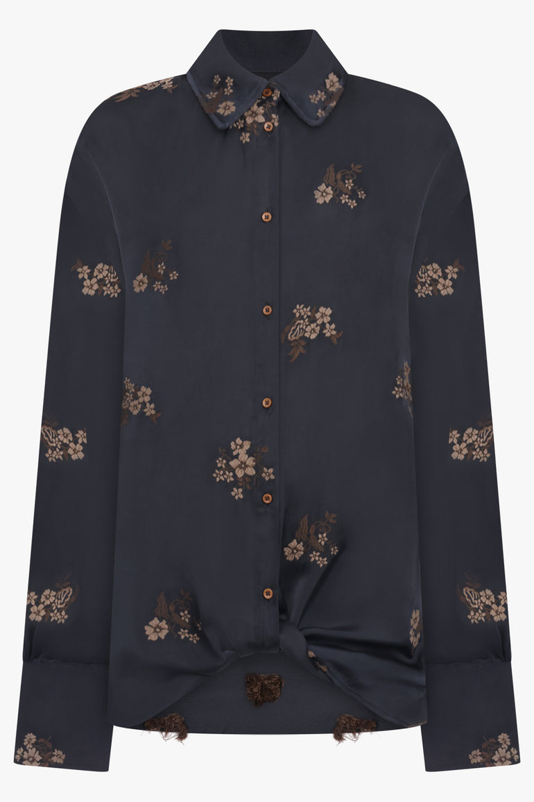 UMA WANG RTW L/S Tubby Floral Embroid Tie Neck | Black/Tan