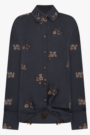 UMA WANG RTW L/S Tubby Floral Embroid Tie Neck | Black/Tan