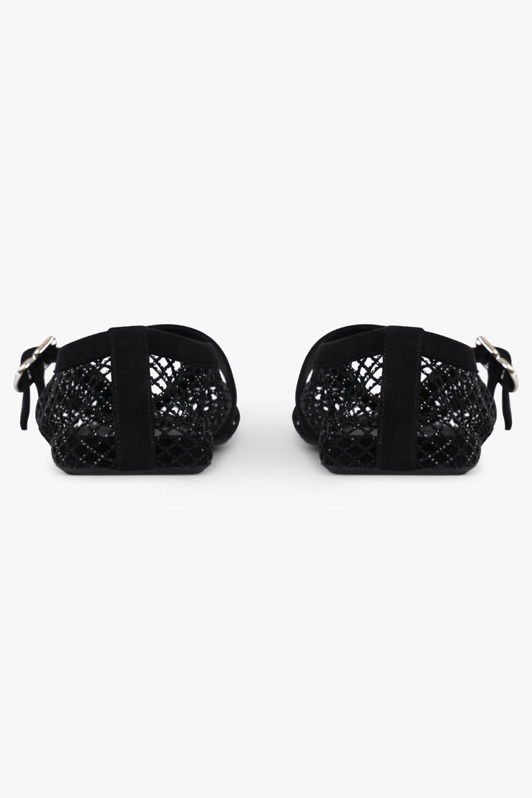 ALAIA SHOES Fishnet Strass Mesh Ballet Flat | Black
