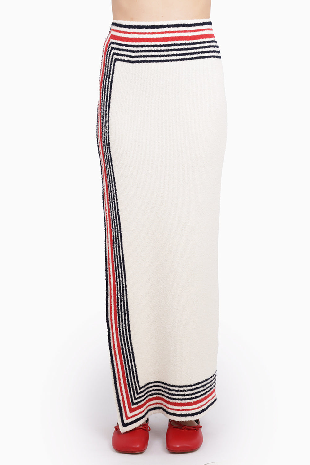 RABANNE RTW Boucle Stripe Cut-Out Maxi Knit Skirt | Cream/Navy/Red