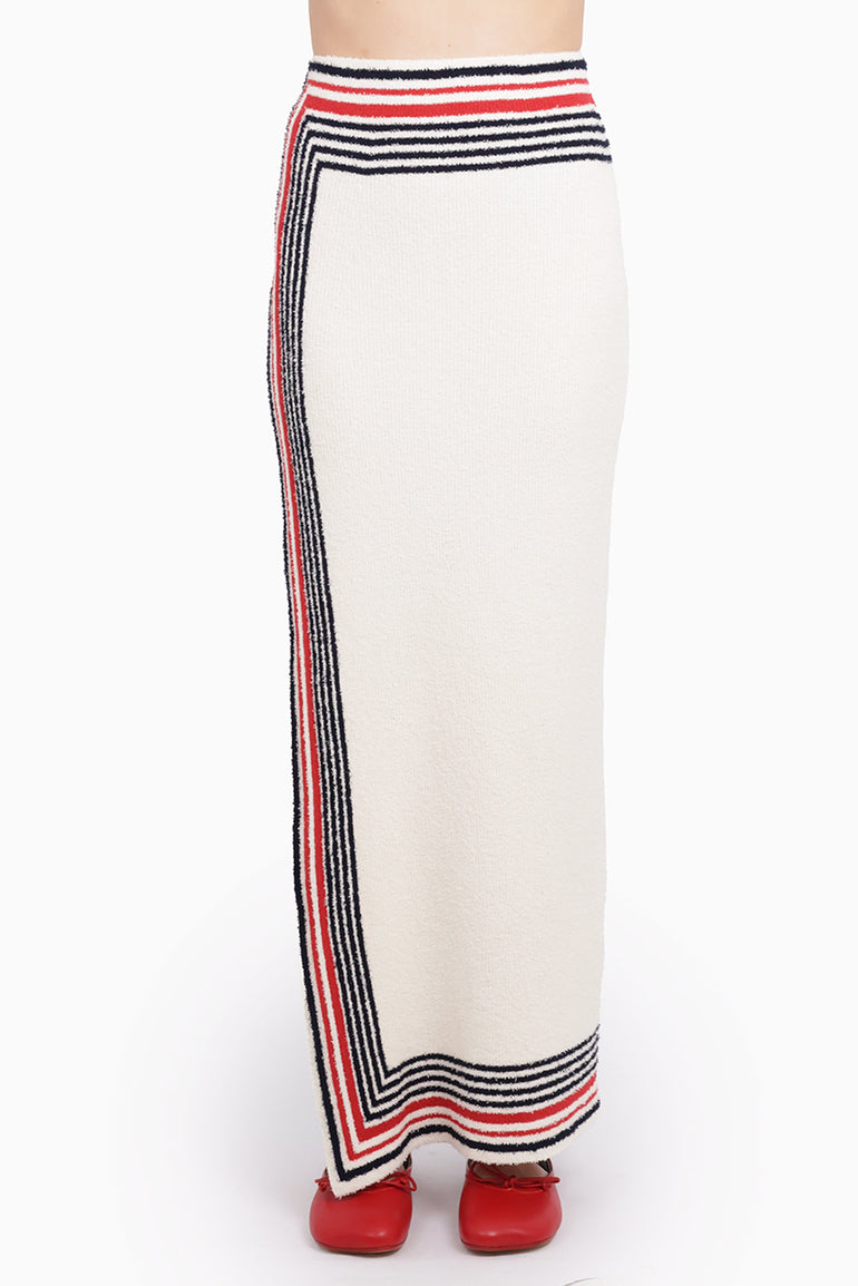 RABANNE RTW Boucle Stripe Cut-Out Maxi Knit Skirt | Cream/Navy/Red