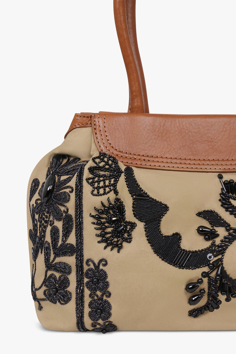 Dries Van Noten Blossom Twill Shoulder Bag in Camel