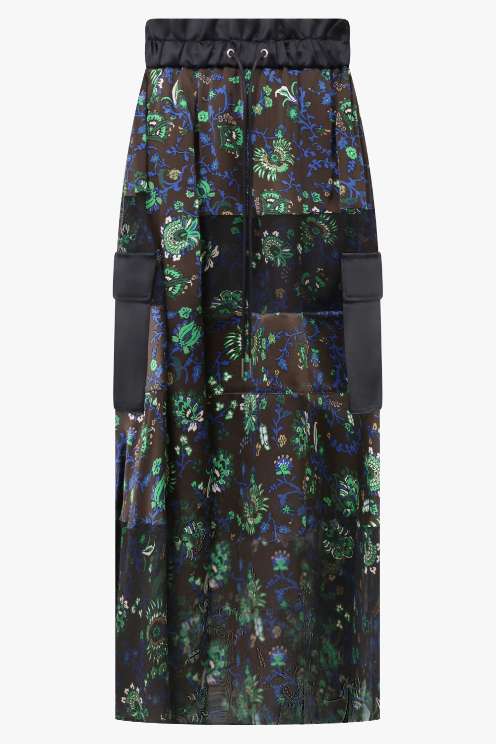 Sacai Floral Print Sheer Panel Midi Skirt in Brown/Multi