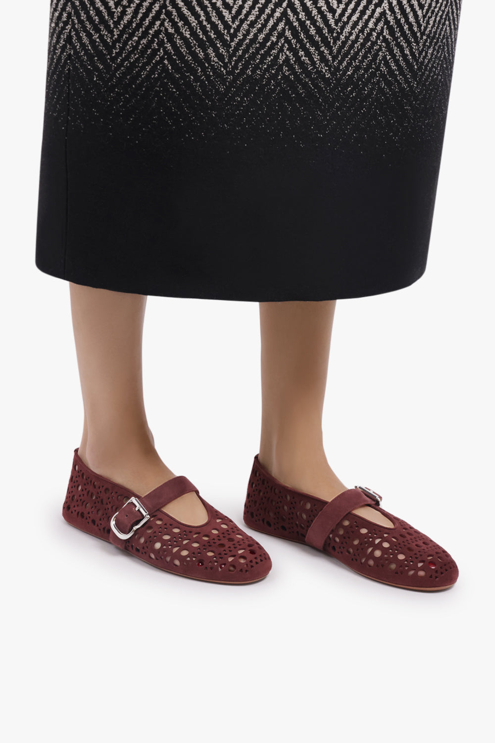 ALAIA SHOES Vienne Suede Perforated Ballet Flat | Garnet Red
