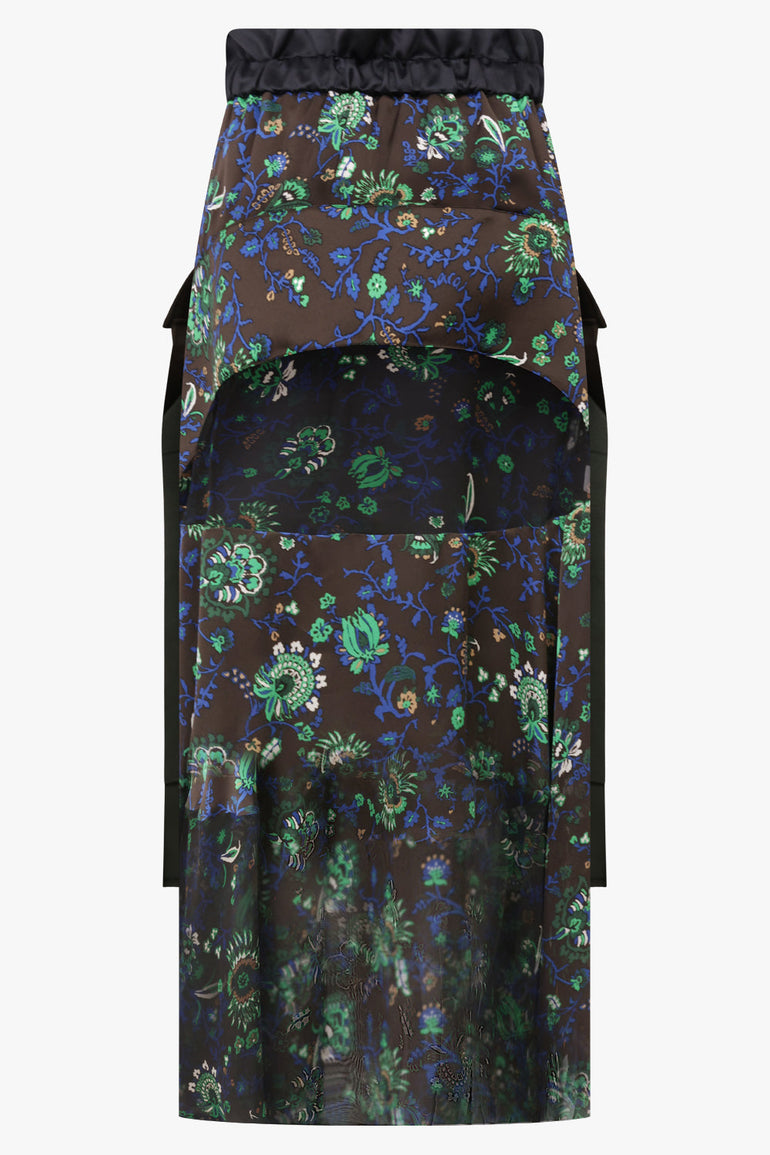Sacai Floral Print Sheer Panel Midi Skirt in Brown/Multi