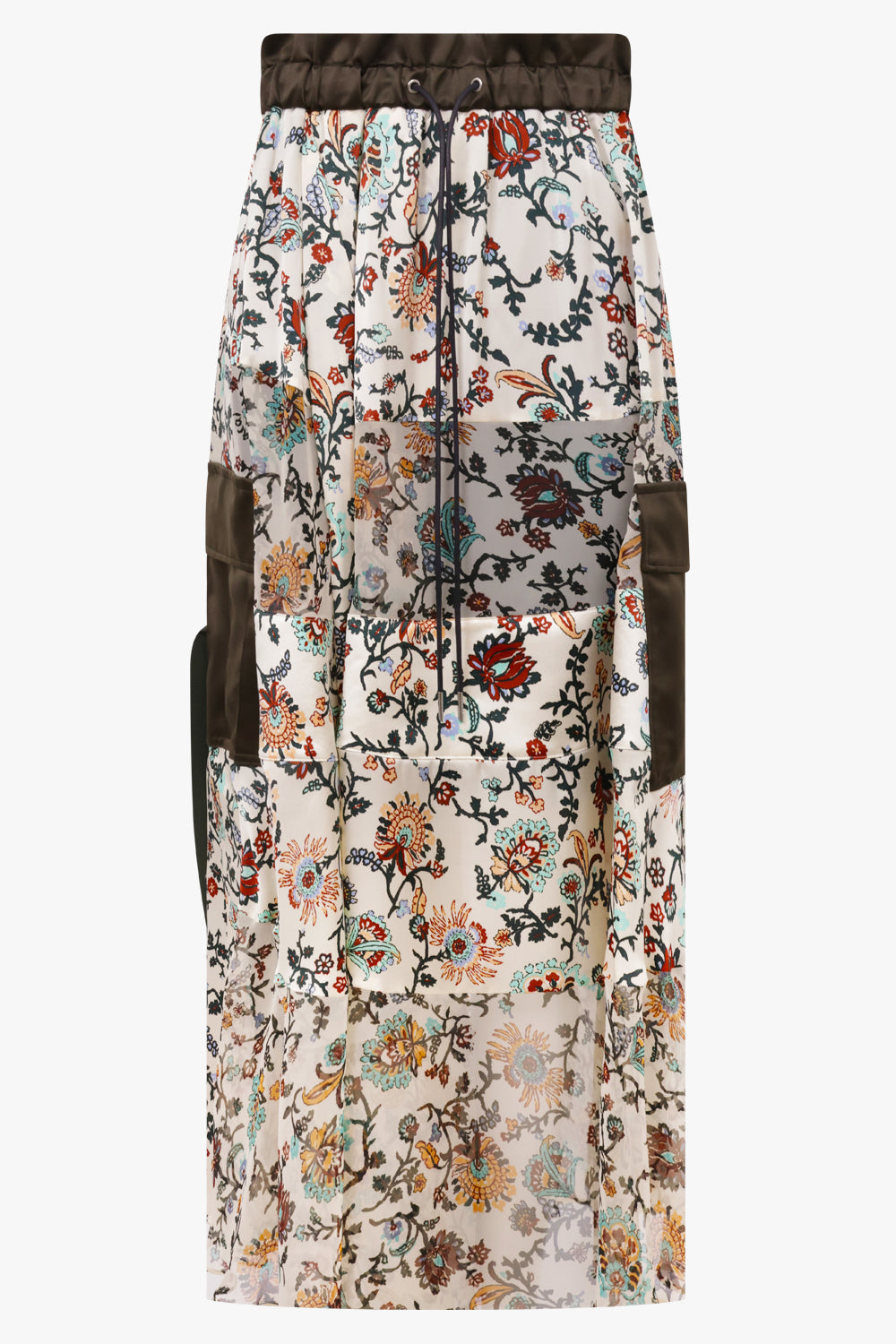 Sacai Floral Print Sheer Panel Midi Skirt in Ivory/Multi