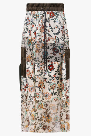 Sacai Floral Print Sheer Panel Midi Skirt in Ivory/Multi