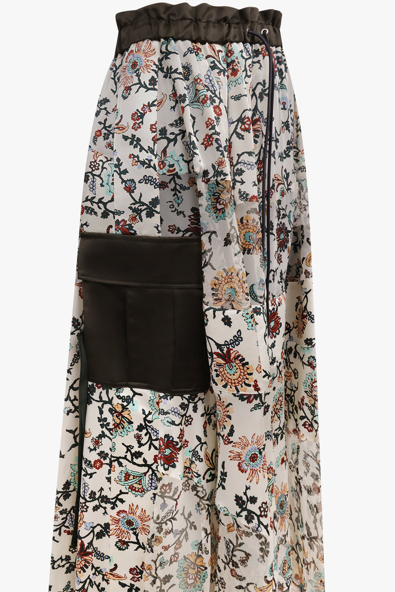 Sacai Floral Print Sheer Panel Midi Skirt in Ivory/Multi