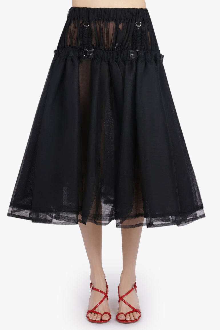 NOIR KEI NINOMIYA RTW Layered Tulle Garter Belted Midi Skirt | Black