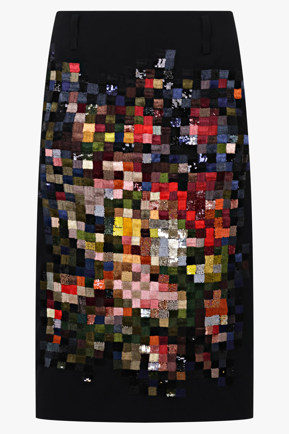 Dries Van Noten Sentista Pixel Floral Embroid Midi Skirt in Black/Multi