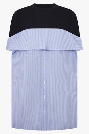 Sacai Long T-Shirt X Stripe Shirt Panel in Navy/Light Blue