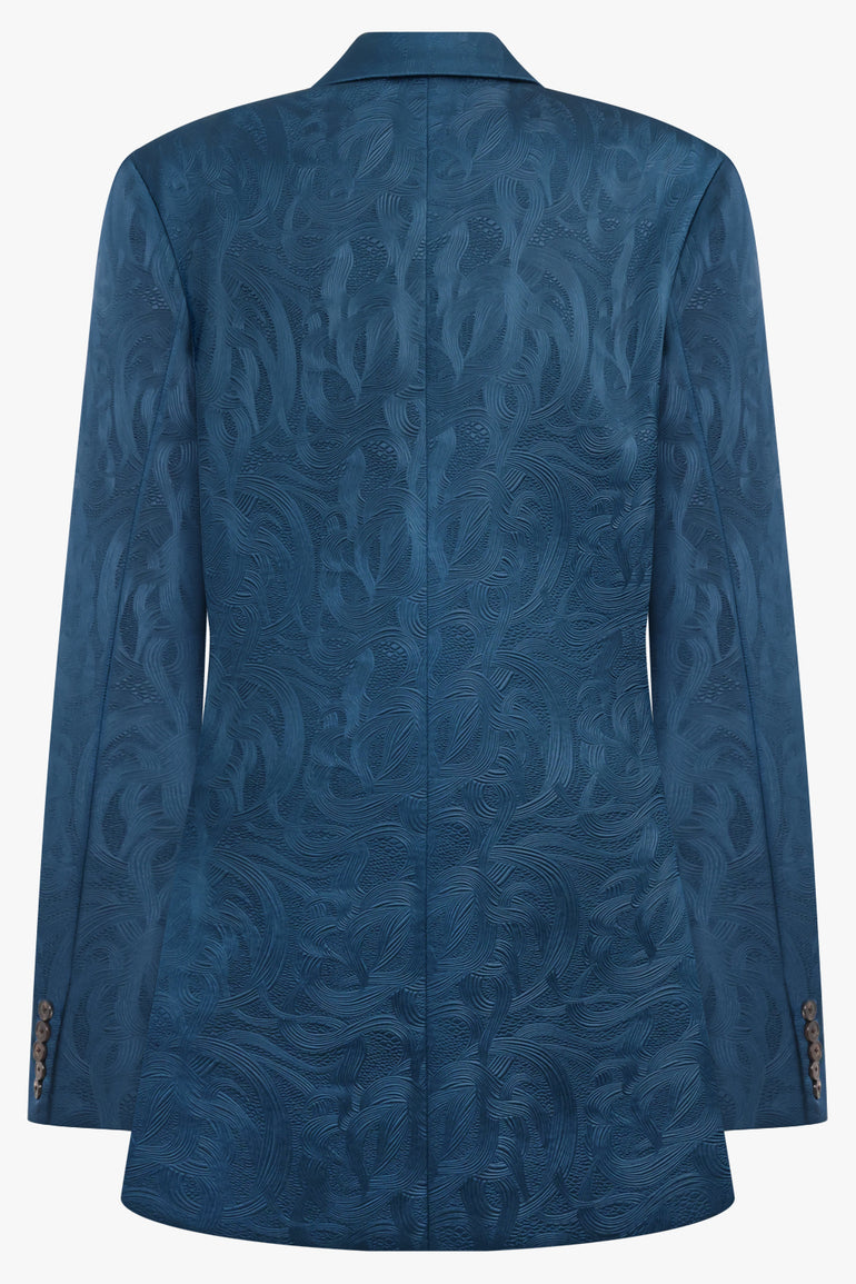 DRIES VAN NOTEN RTW Baftan Embossed Swirl Single Breast Jacket | Petrol Blue