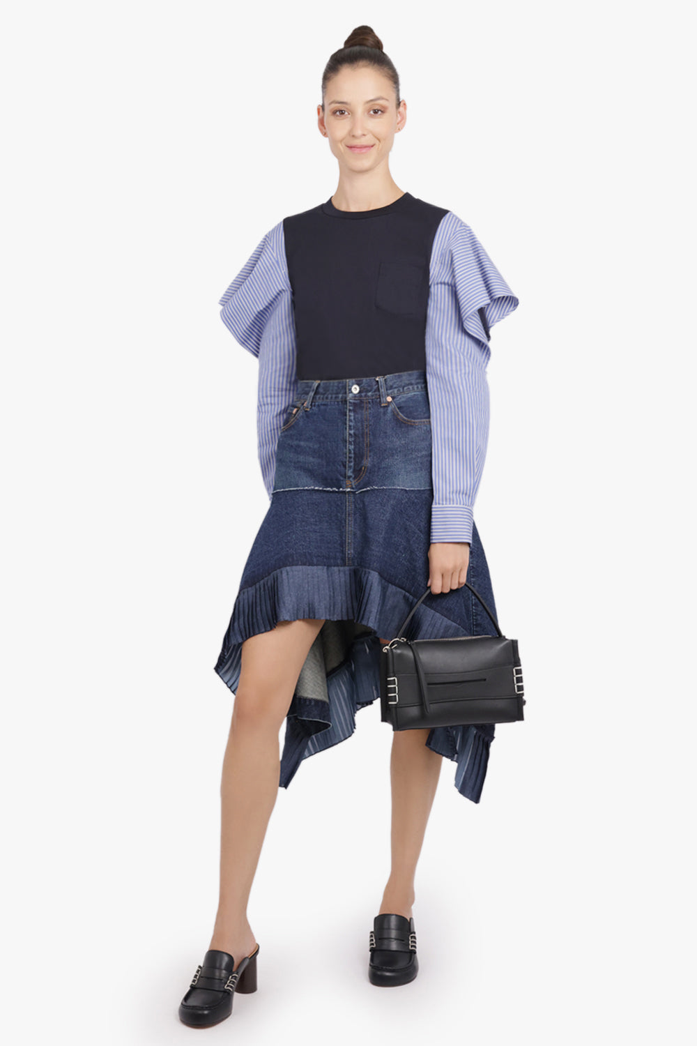 SACAI RTW L/S Stripe Top With Cowl Sleeve | Navy/Blue