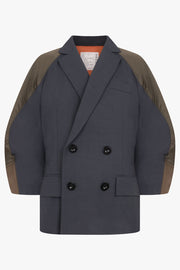 SACAI RTW Suiting X Twill Oversize Double Breast Jacket | Grey/Khaki