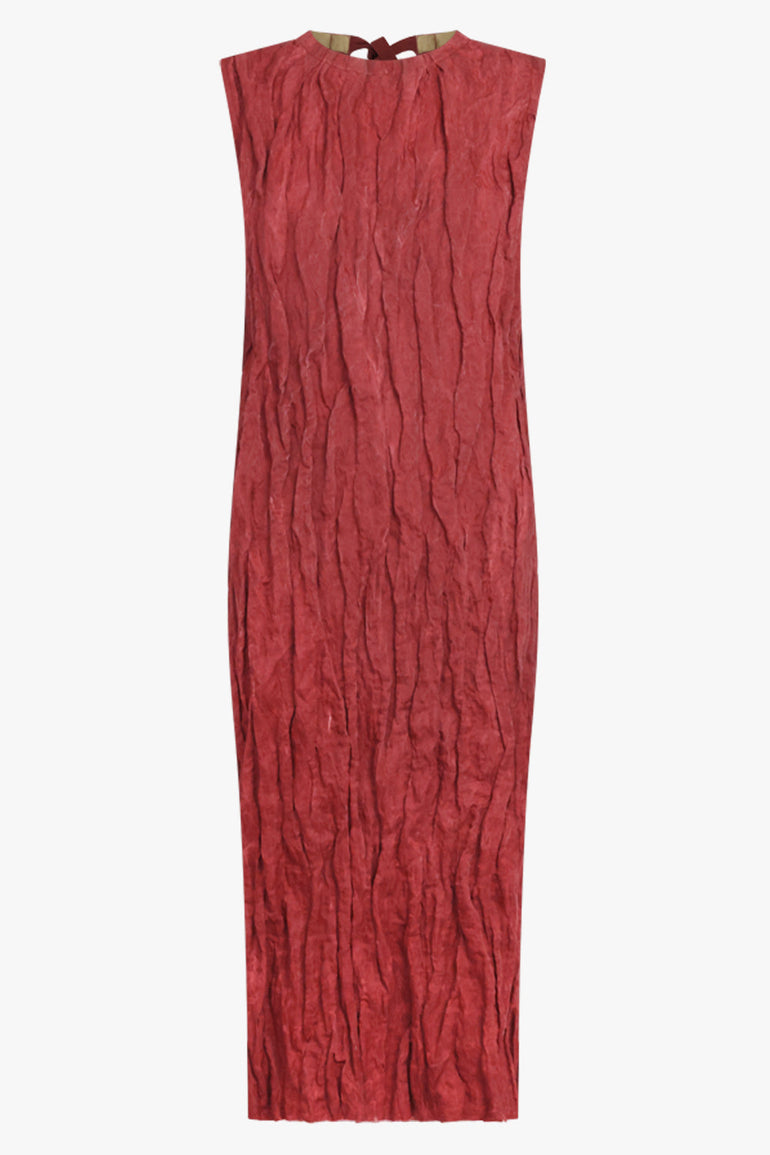 UMA WANG RTW Tan Relaxed Pleat S/Less Midi Dress | Red