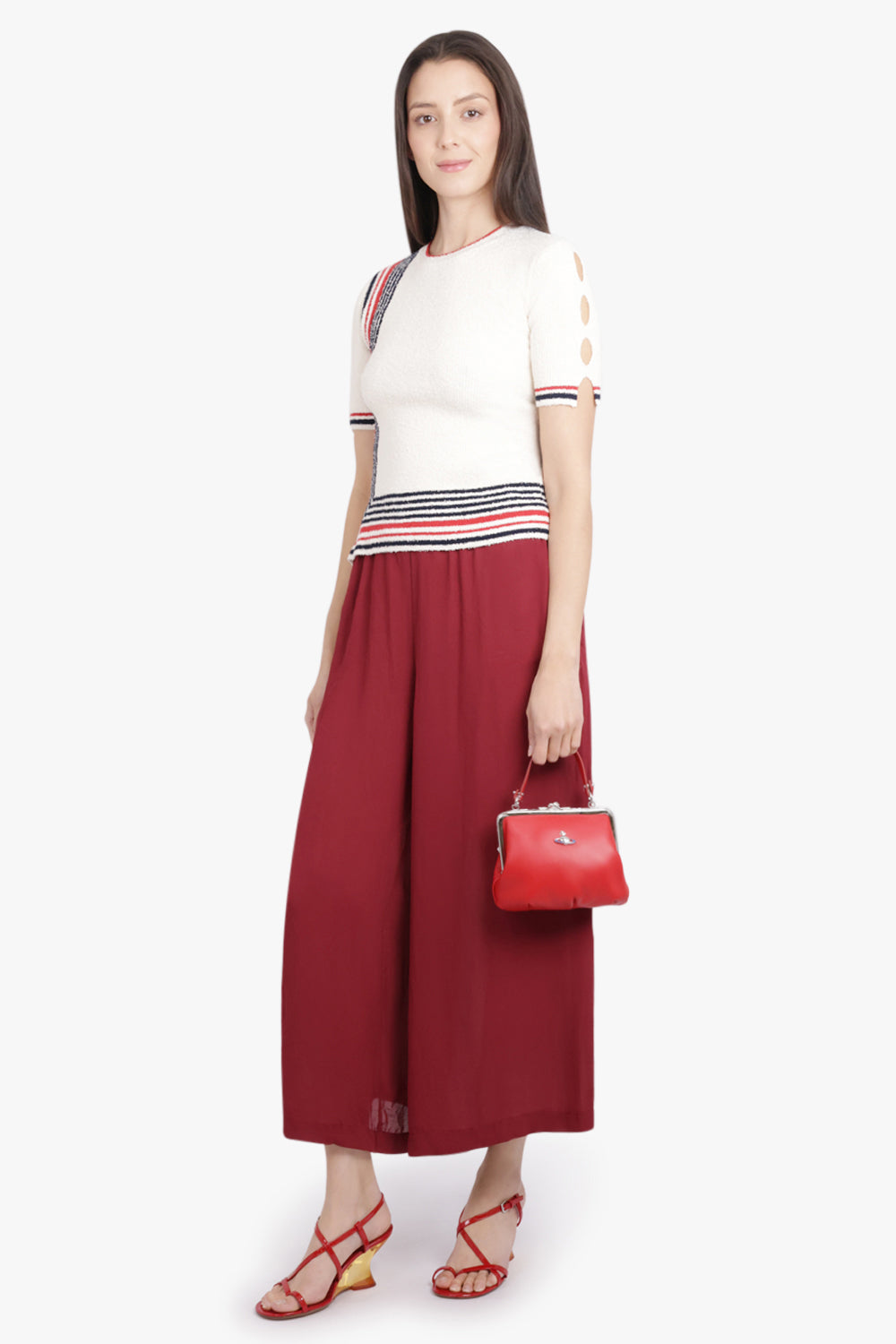 RABANNE RTW Boucle Stripe Detail S/S Knit Top | Cream/Navy/Red