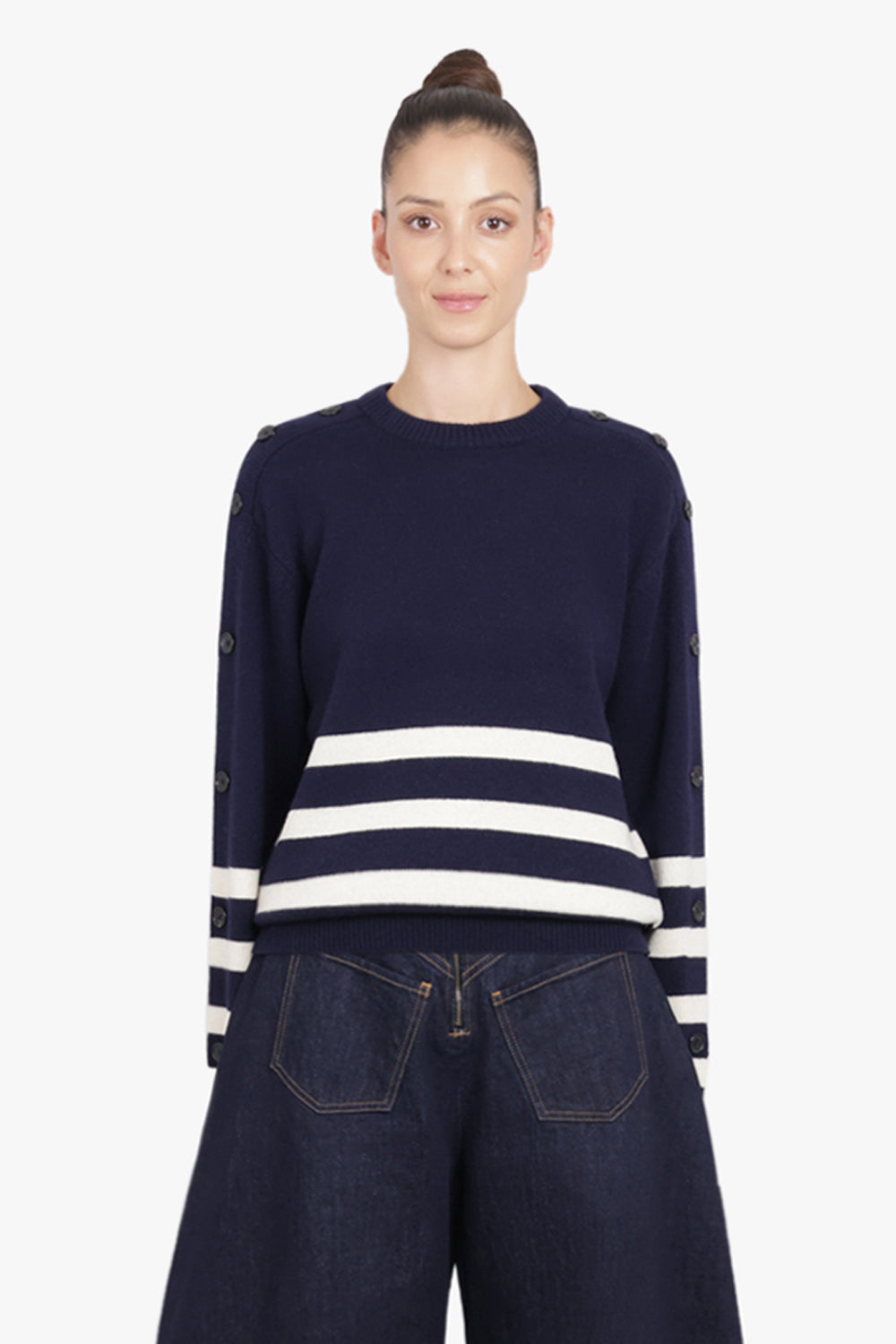 JW ANDERSON RTW Button Sleeve Stripe Knit | Navy/Ivory