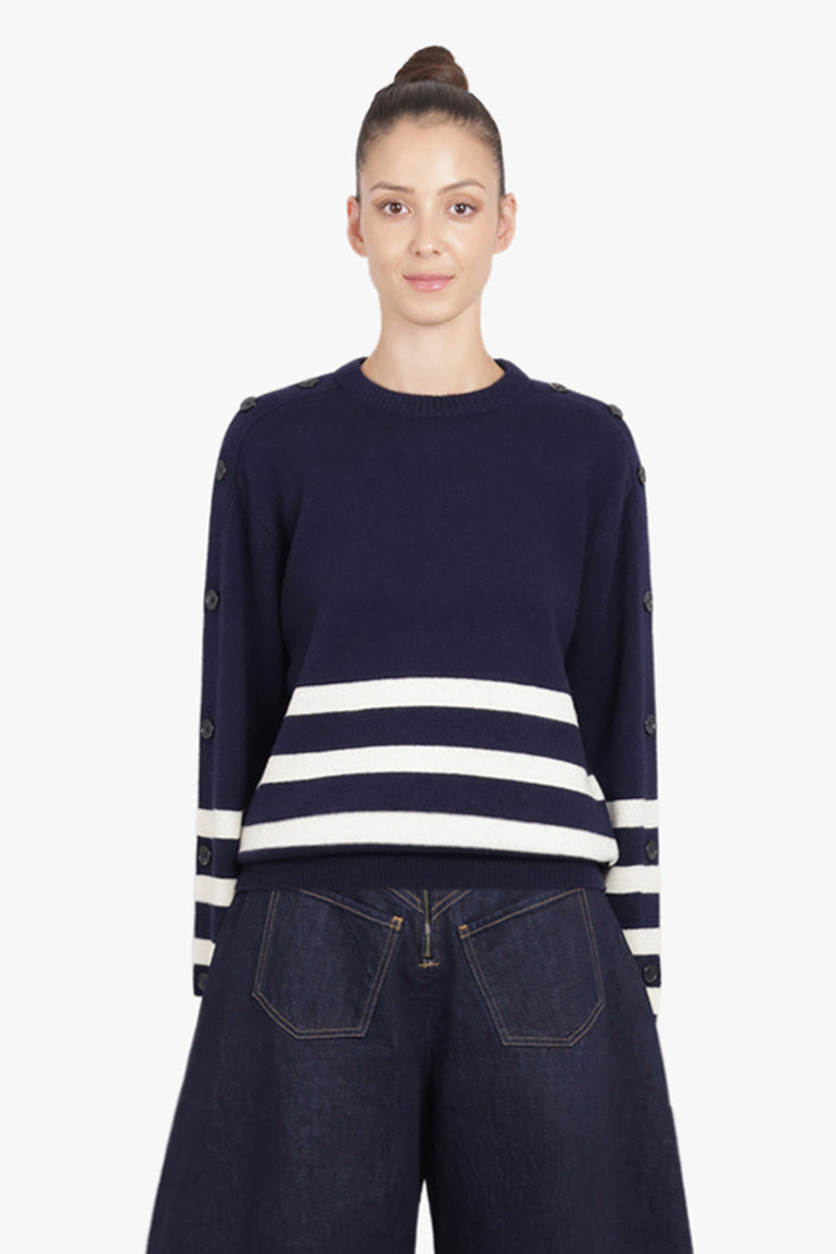 JW ANDERSON RTW Button Sleeve Stripe Knit | Navy/Ivory