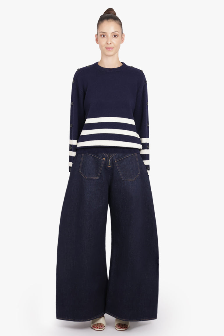 JW ANDERSON RTW Button Sleeve Stripe Knit | Navy/Ivory
