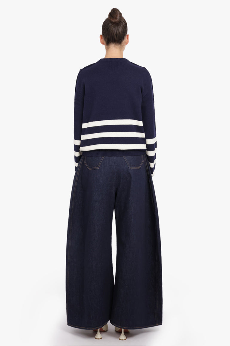 JW ANDERSON RTW Button Sleeve Stripe Knit | Navy/Ivory