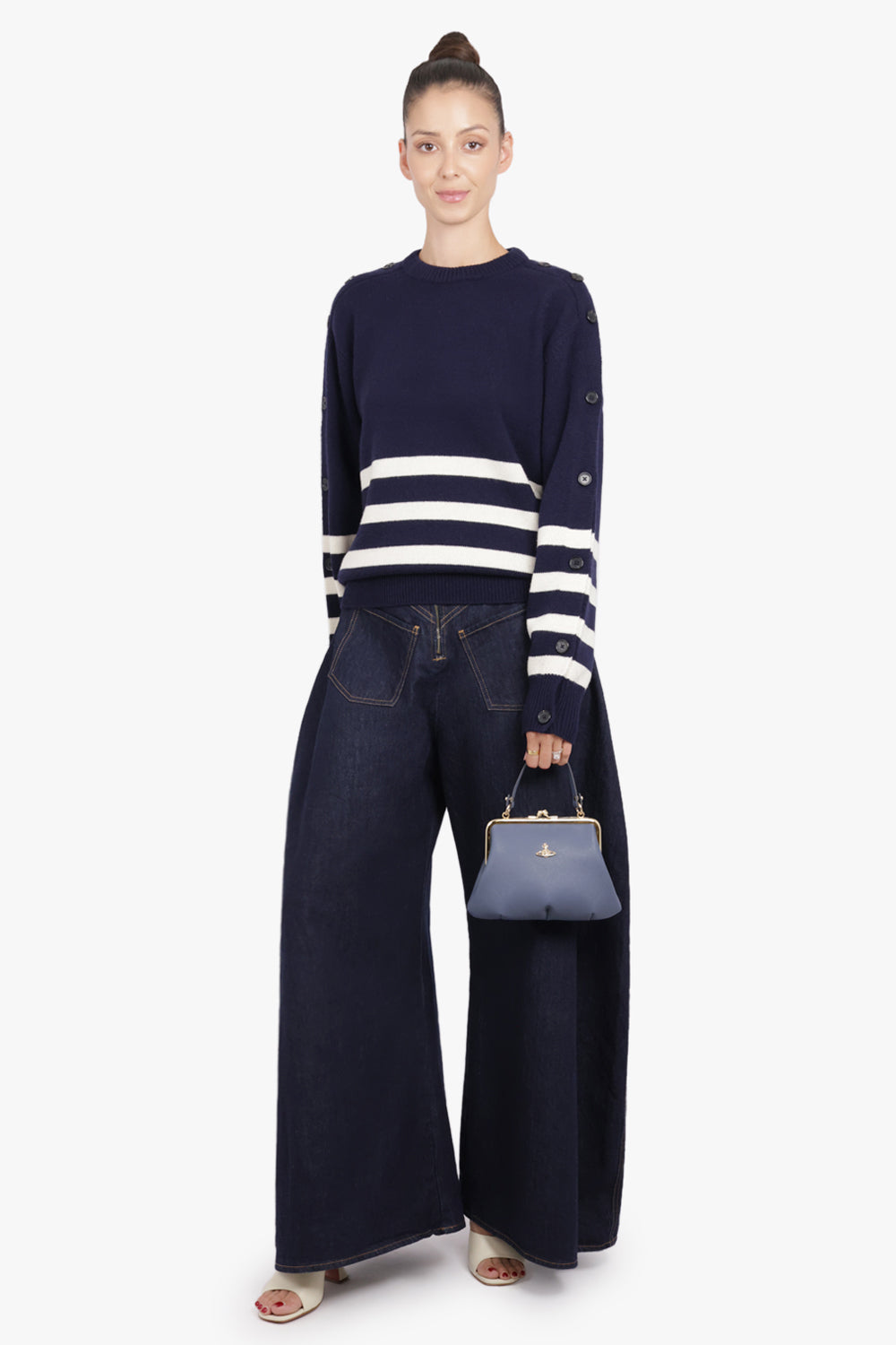 JW ANDERSON RTW Button Sleeve Stripe Knit | Navy/Ivory
