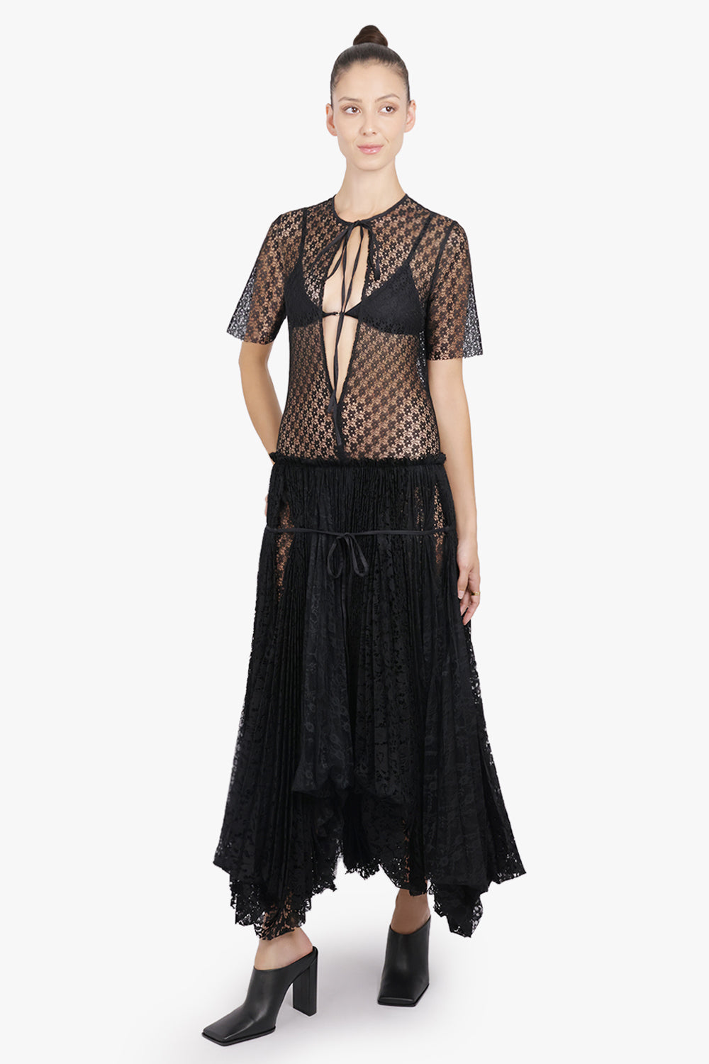 JW ANDERSON RTW Mixed Lace Midi Dress With Asymmetric Pleated Skirt | Black