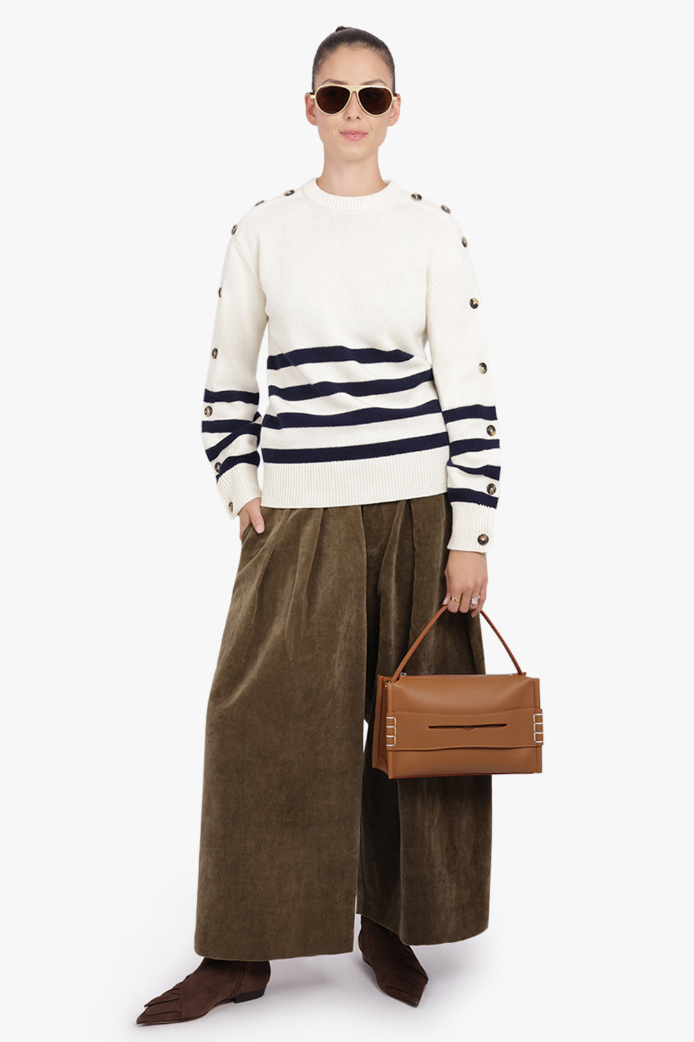 JW ANDERSON RTW Button Sleeve Stripe Knit | Ivory/Navy