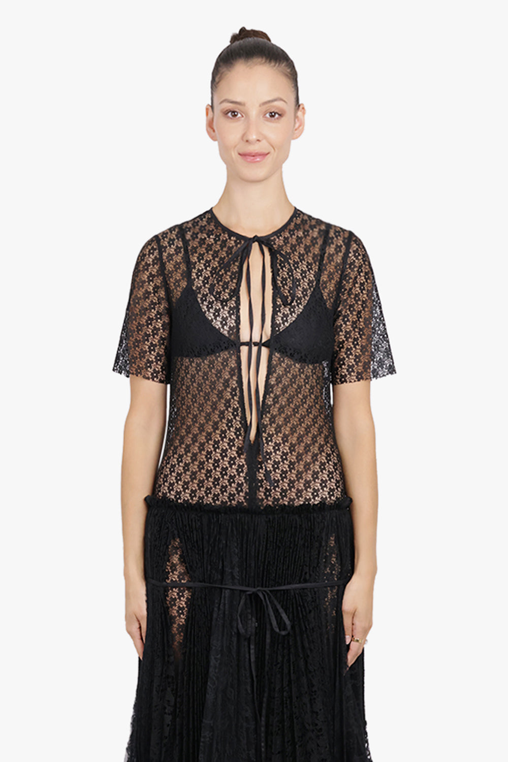 JW ANDERSON RTW S/S Mixed Lace Midi Dress With Asymmetric Pleated Skirt | Black
