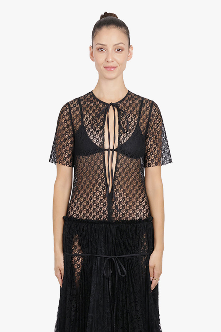 JW ANDERSON RTW S/S Mixed Lace Midi Dress With Asymmetric Pleated Skirt | Black