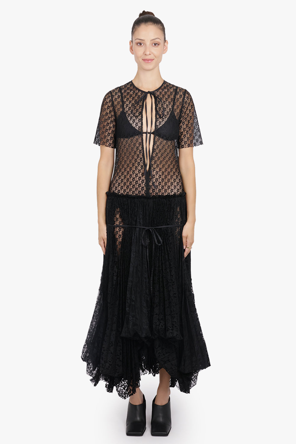 JW ANDERSON RTW S/S Mixed Lace Midi Dress With Asymmetric Pleated Skirt | Black