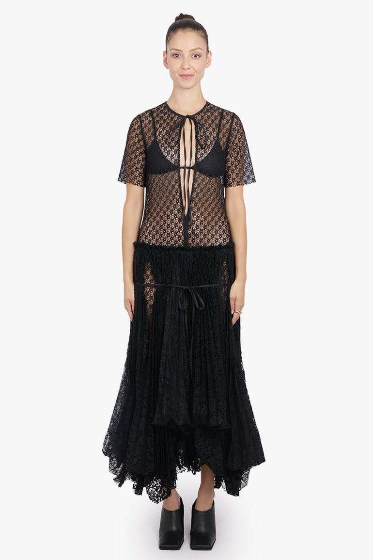 JW ANDERSON RTW S/S Mixed Lace Midi Dress With Asymmetric Pleated Skirt | Black