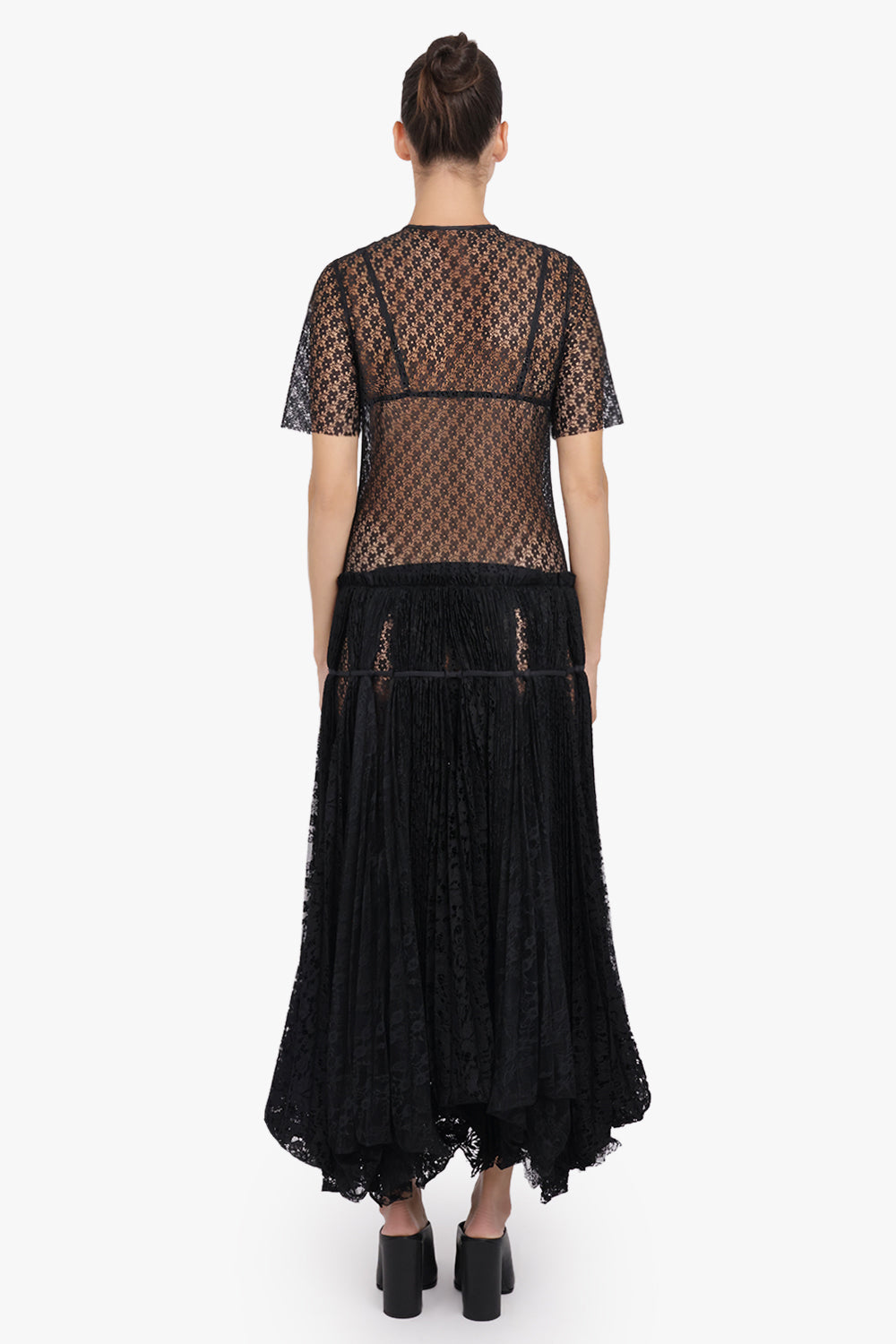 JW ANDERSON RTW S/S Mixed Lace Midi Dress With Asymmetric Pleated Skirt | Black