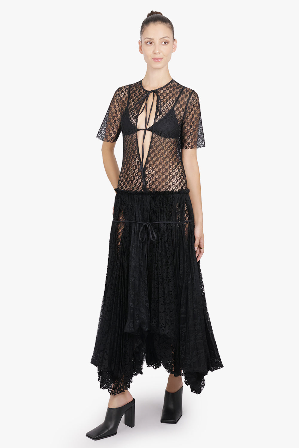 JW ANDERSON RTW S/S Mixed Lace Midi Dress With Asymmetric Pleated Skirt | Black