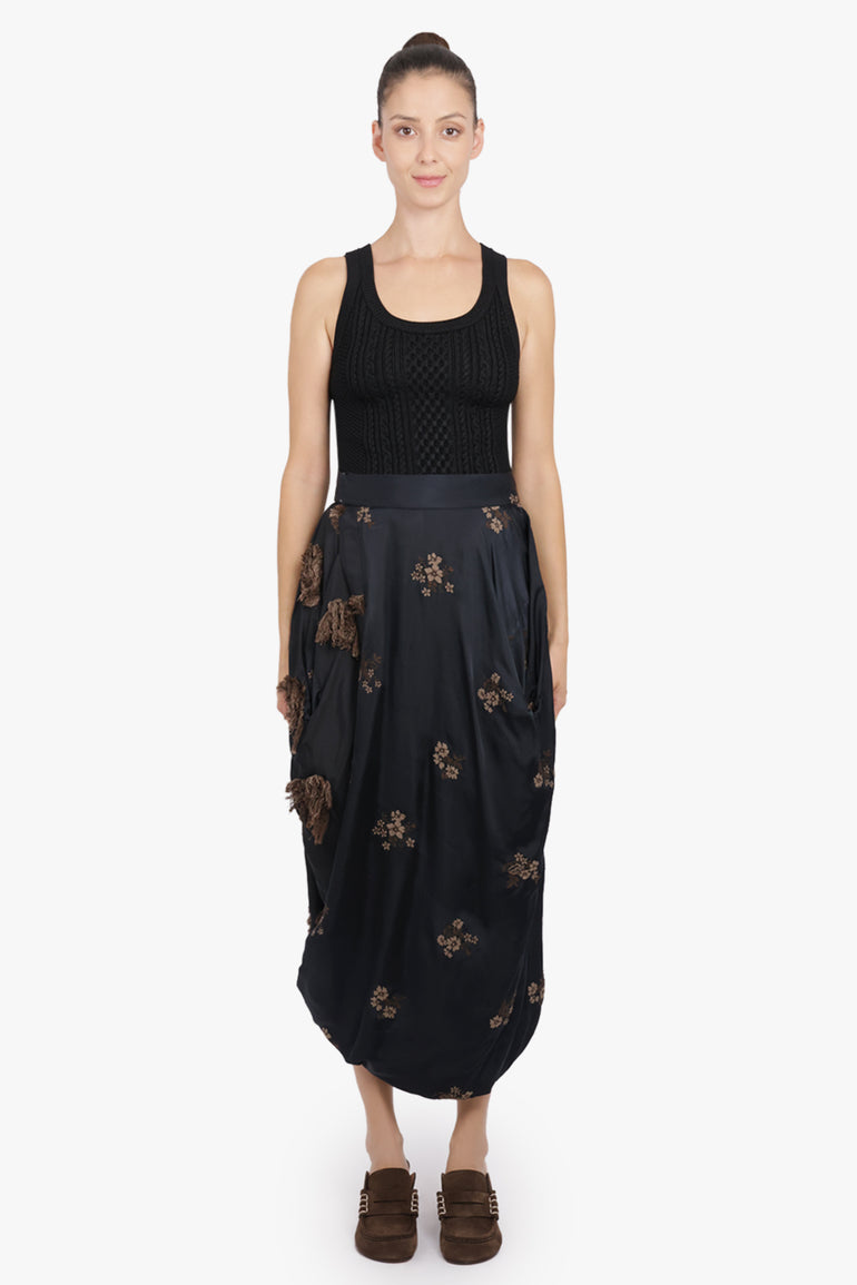 UMA WANG RTW Gink Floral Embroid Asymmetric Midi Skirt | Black/Tan