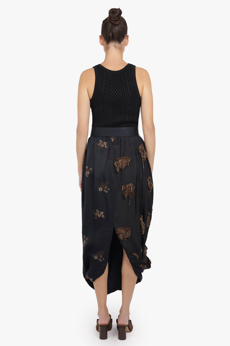 UMA WANG RTW Gink Floral Embroid Asymmetric Midi Skirt | Black/Tan